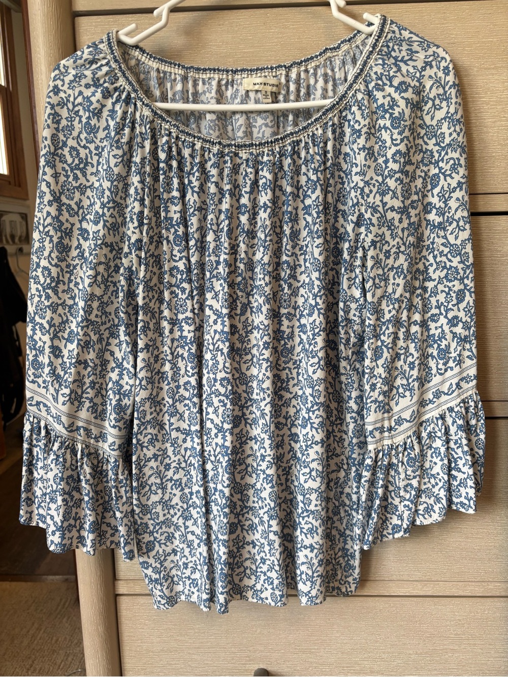 Max Studio Cream and Blue Floral Peasant Blouse